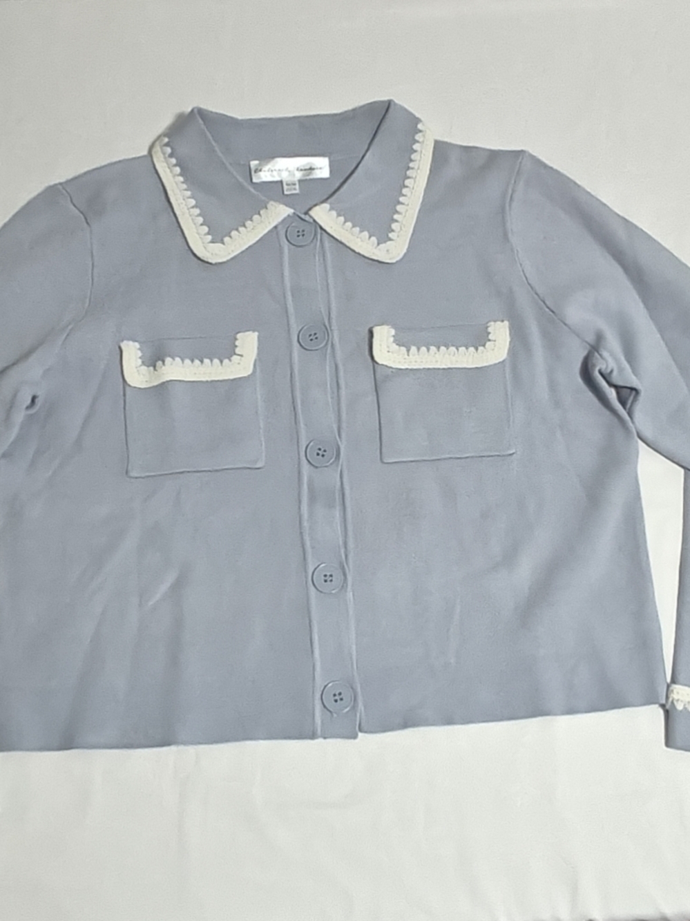 Chelsea & Theodore Pale Blue Cardigan with Cream Scallop Trim